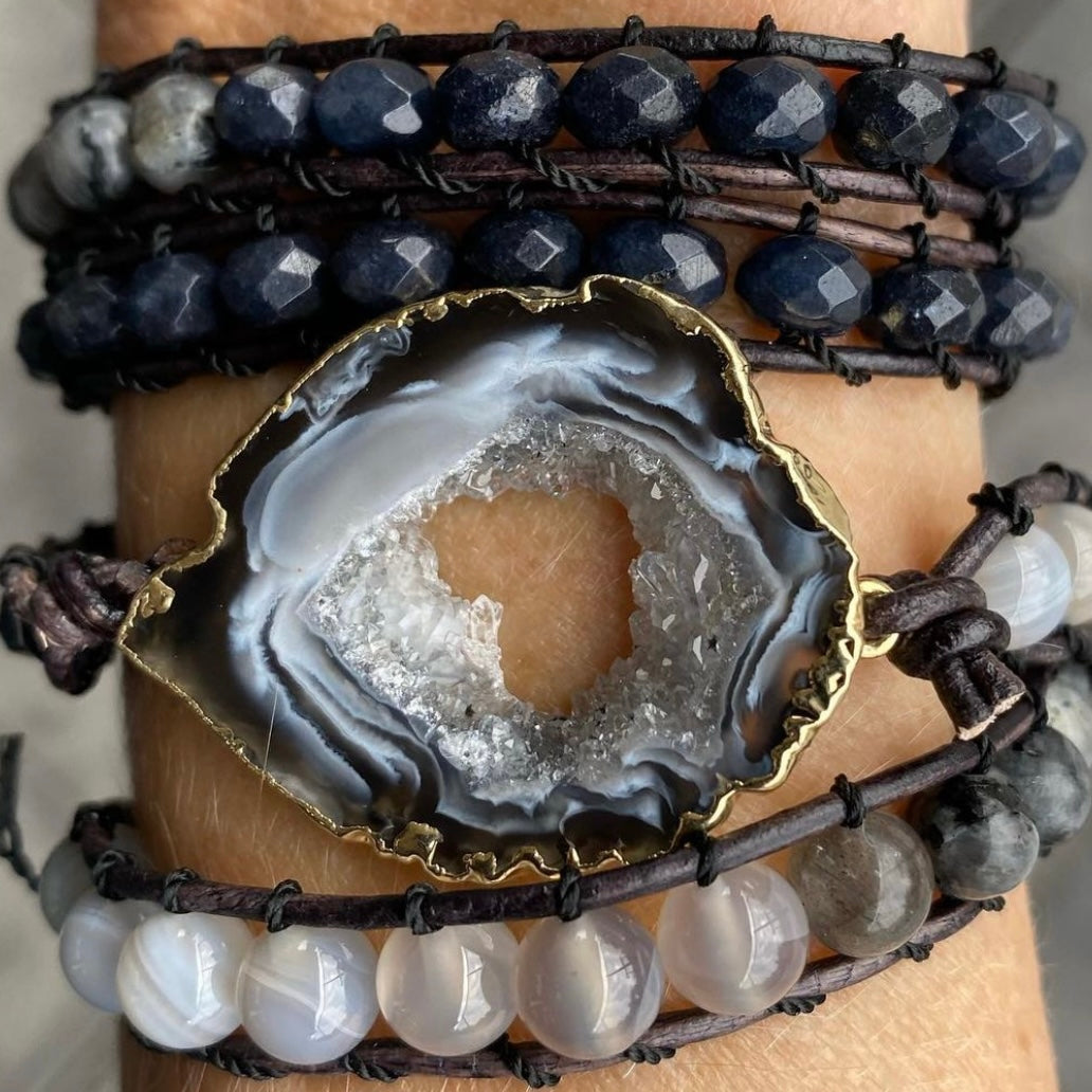 Customized Beaded Bracelet Agate Slice Center Stone